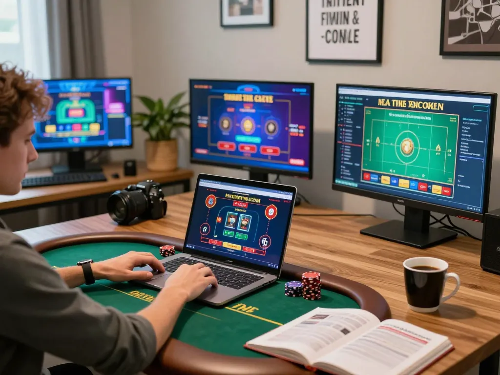 Engaged user playing poker online at sky88c on a sleek laptop, showcasing a dynamic gaming environment.
