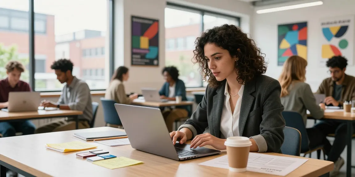 Self-employed professionals collaborating in a vibrant co-working space, discussing opportunities over laptops and coffee.