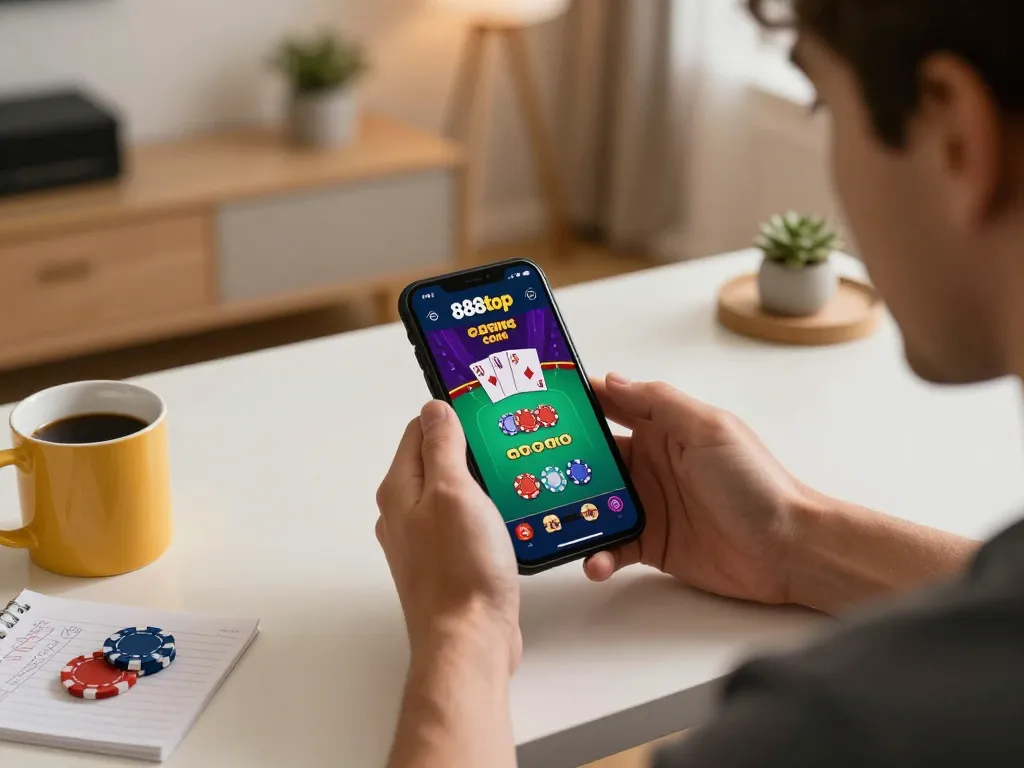 Player engaging with the 888top com app for online casino games, showcasing an immersive gaming experience.