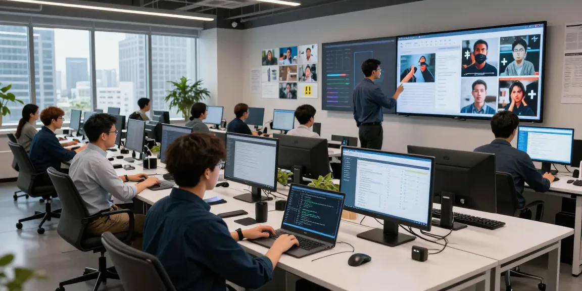Team collaborating with an ai image detector, analyzing flagged content in a modern tech workspace.
