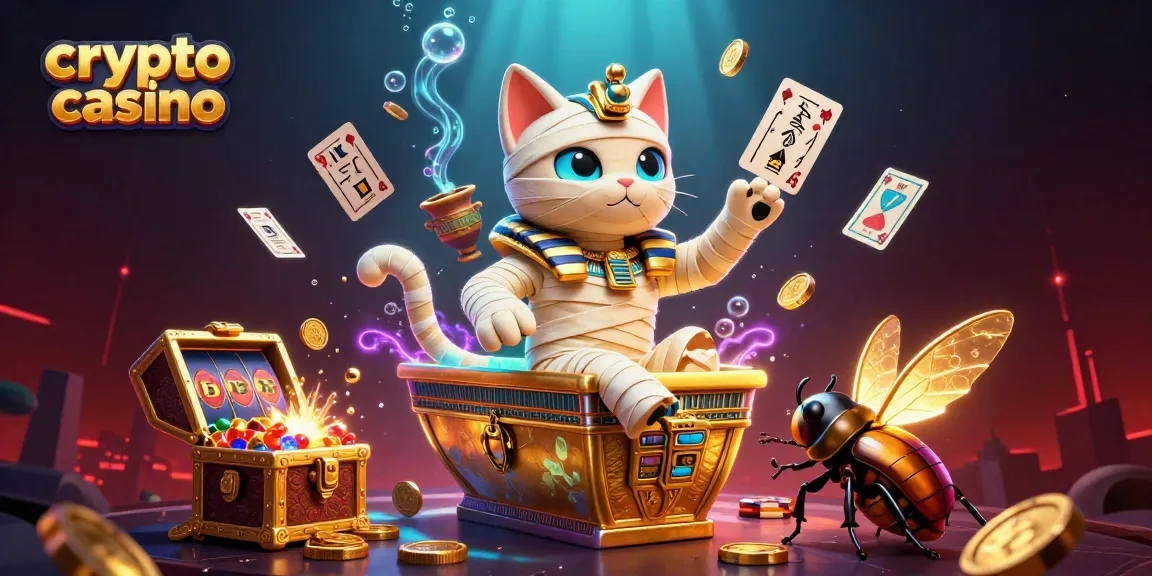 Giocare al crypto casino con una mummia egizia e uno scarabeo in un'illustrazione vibrante.