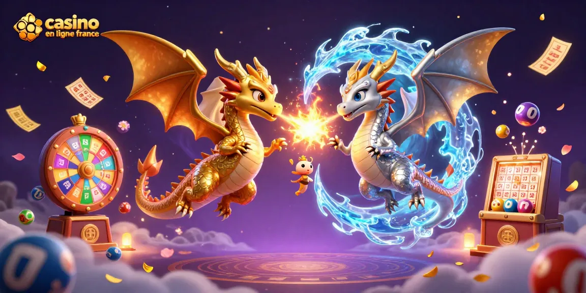 Jouez à casino en ligne France avec des dragons 3D et des éléments colorés de jeux de hasard.