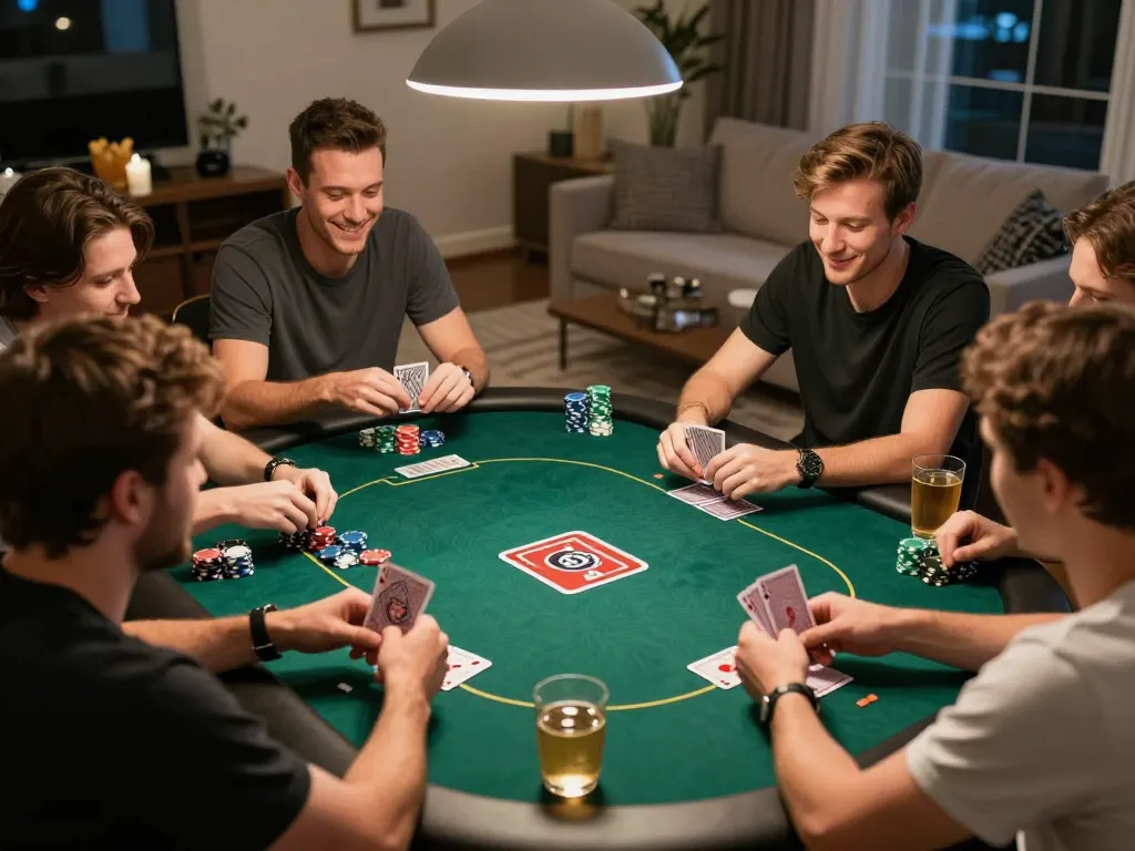 Friends enjoying a lively poker night with Sunwin strategy, chips, and cards on display.