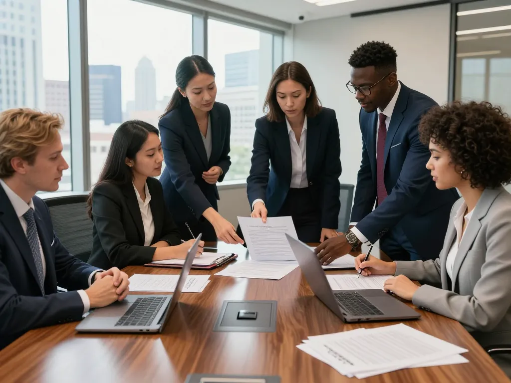 Collaborative meeting of USA lawyers in a modern law office with legal documents and teamwork.