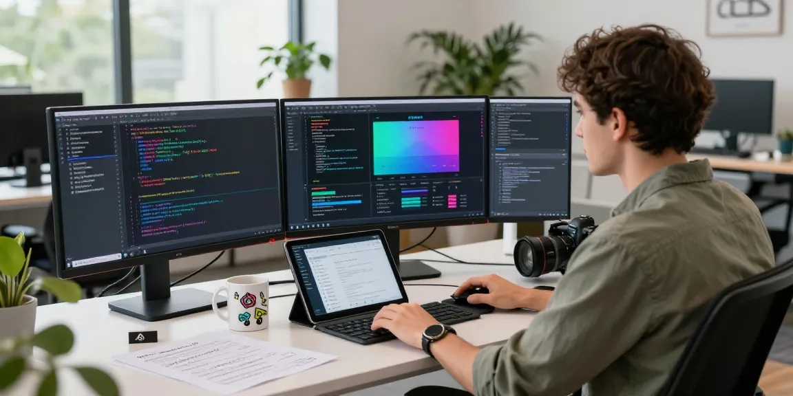 Advanced React developer course setting with coder at workstation, multiple monitors, and design notes.