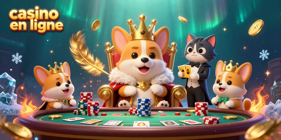 Jouez à des jeux passionnants chez un casino en ligne avec le corgi royal entouré de pions dorés.