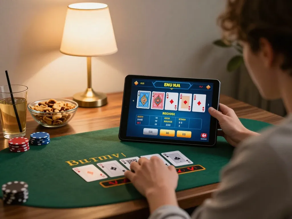 Engaged in 388bet online blackjack with warm home lighting and snacks.