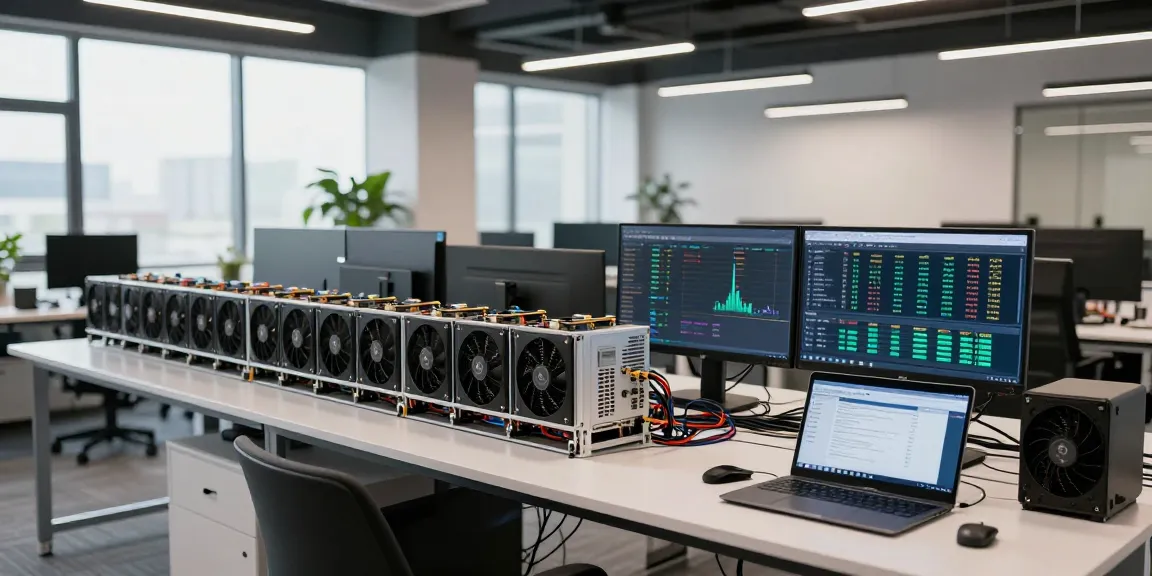 Bitcoin mining farm with advanced GPU setup and real-time cryptocurrency statistics displayed on monitors, showcasing innovative blockchain technology.