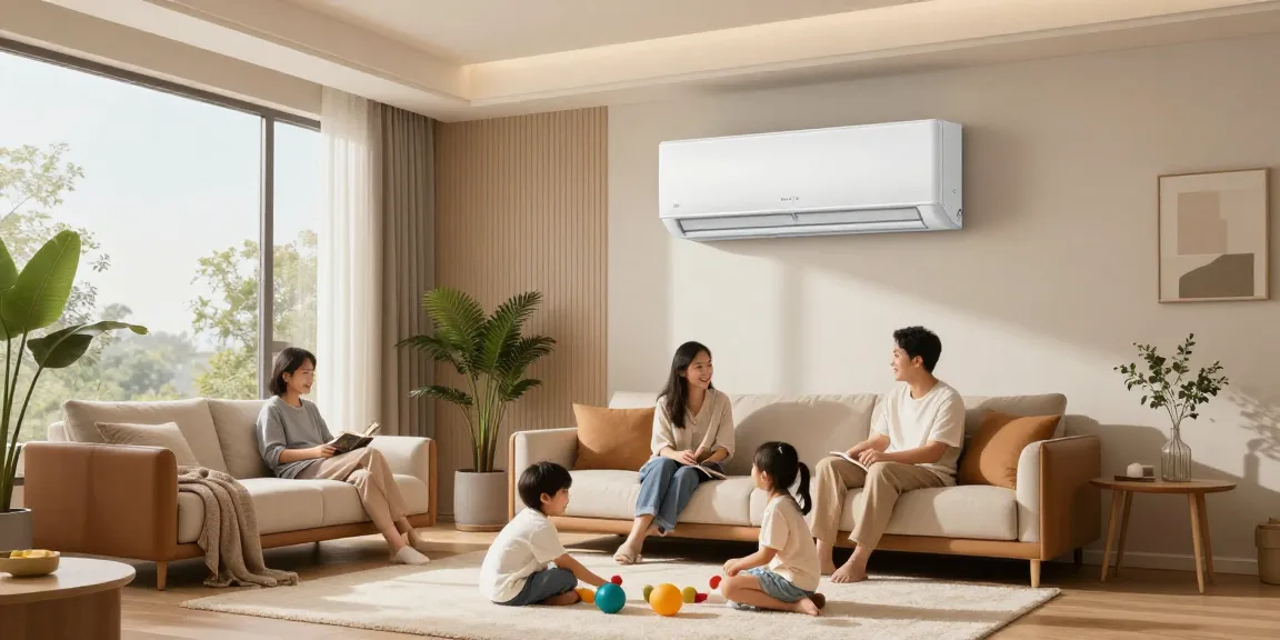 Cozy living room featuring an 18000 BTU mini split air conditioning unit, family enjoying leisure time.