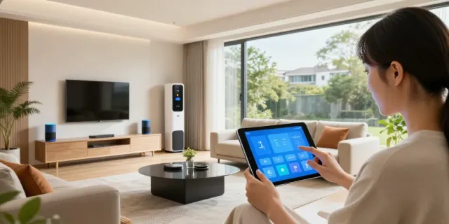 Smart home by جهان اسمارت showcasing elegant living space with automated lighting and natural light.