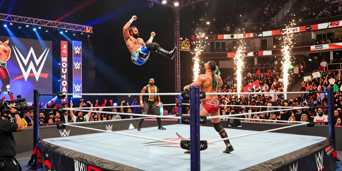 WWE Saudi Arabia thrilling match with wrestlers in action and cheering fans.