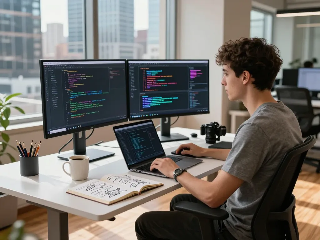 Dynamic workspace featuring a developer using the image to prompt generator, surrounded by tech tools and innovative design elements.