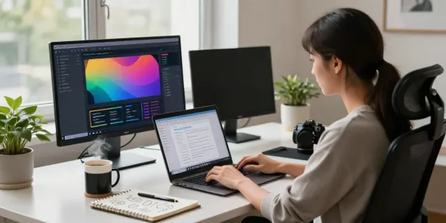 Writer using an AI content writing assistant in a cozy workspace.