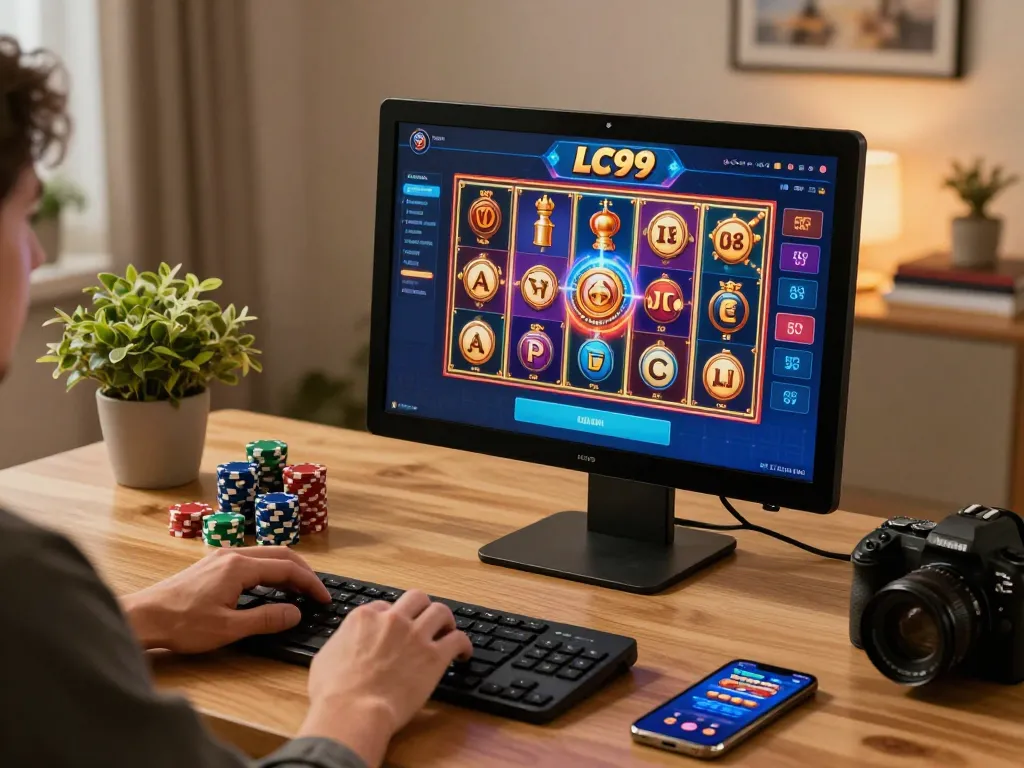 LC99 user placing bets at a stylish online gaming setup with vibrant slot graphics