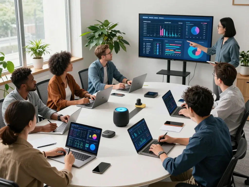 Collaborative modern office scene showcasing tech gadgets for productivity with diverse professionals engaged in innovative teamwork.