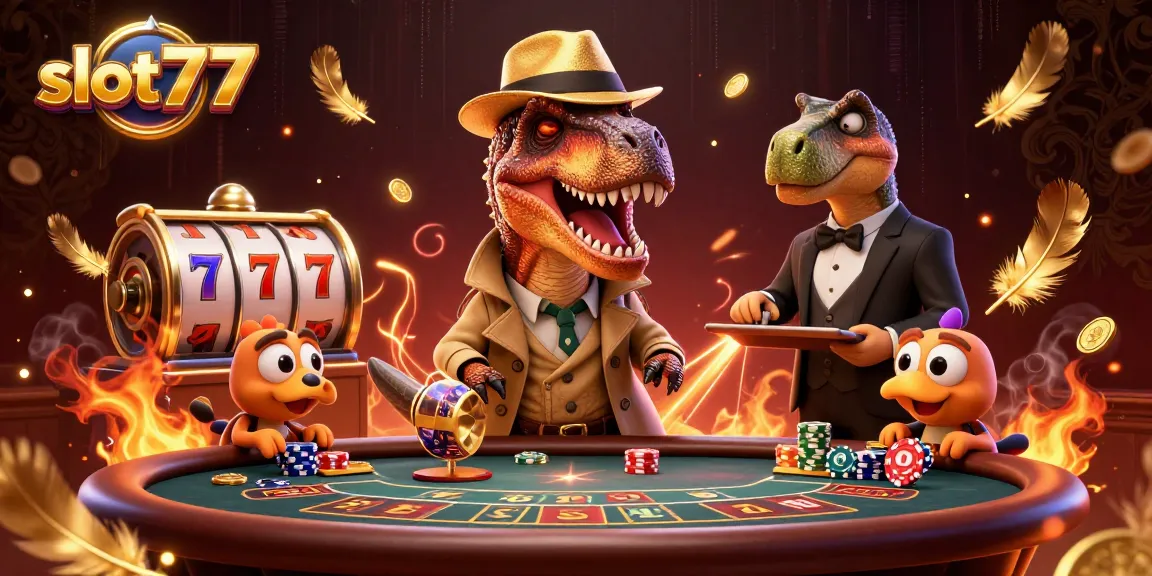 Spin the reels in slot777 amidst a dynamic casino scene featuring vibrant characters and gold.