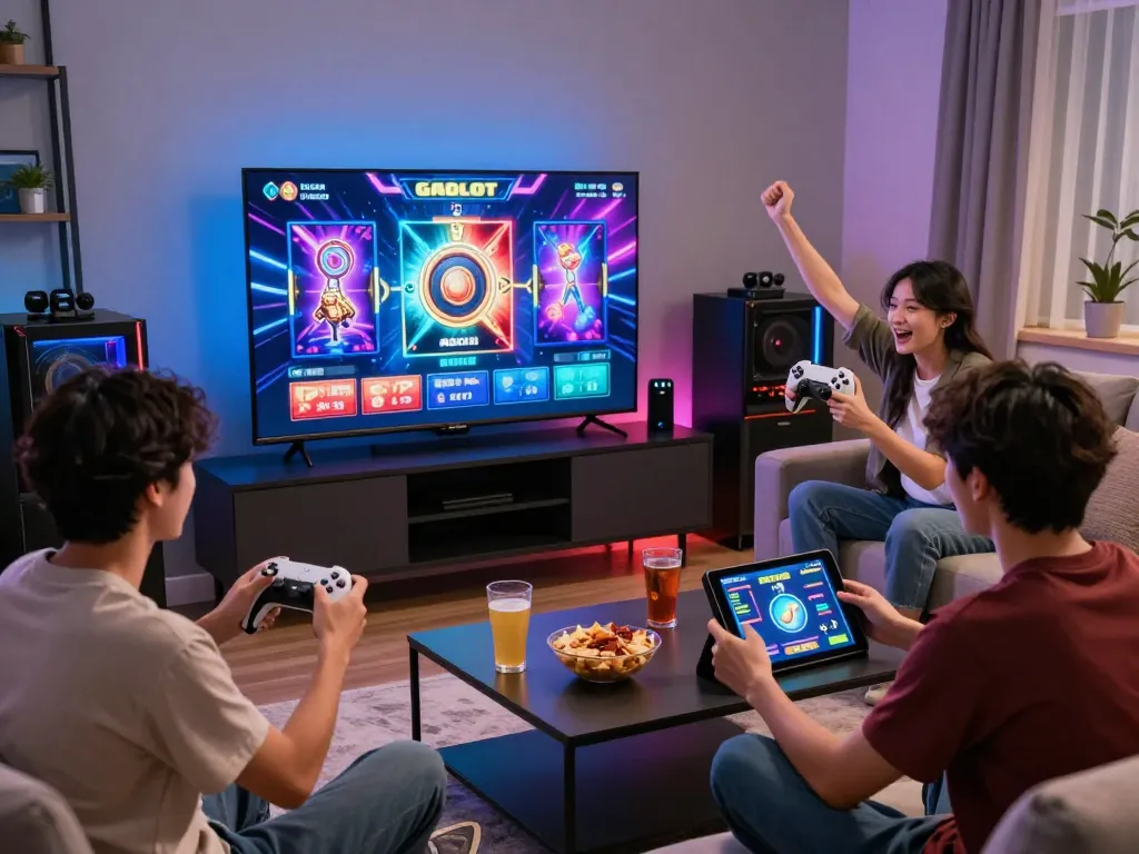 Group enjoying a lively gaming night with slot gacor on a large screen, showcasing excitement and modern gaming atmosphere.