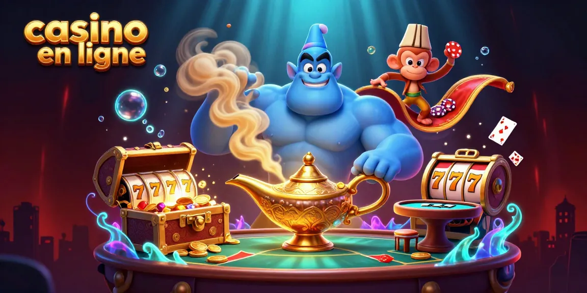 Vivez des moments palpitants au casino en ligne avec un génie, un singe et des jetons de poker dans une scène magique.