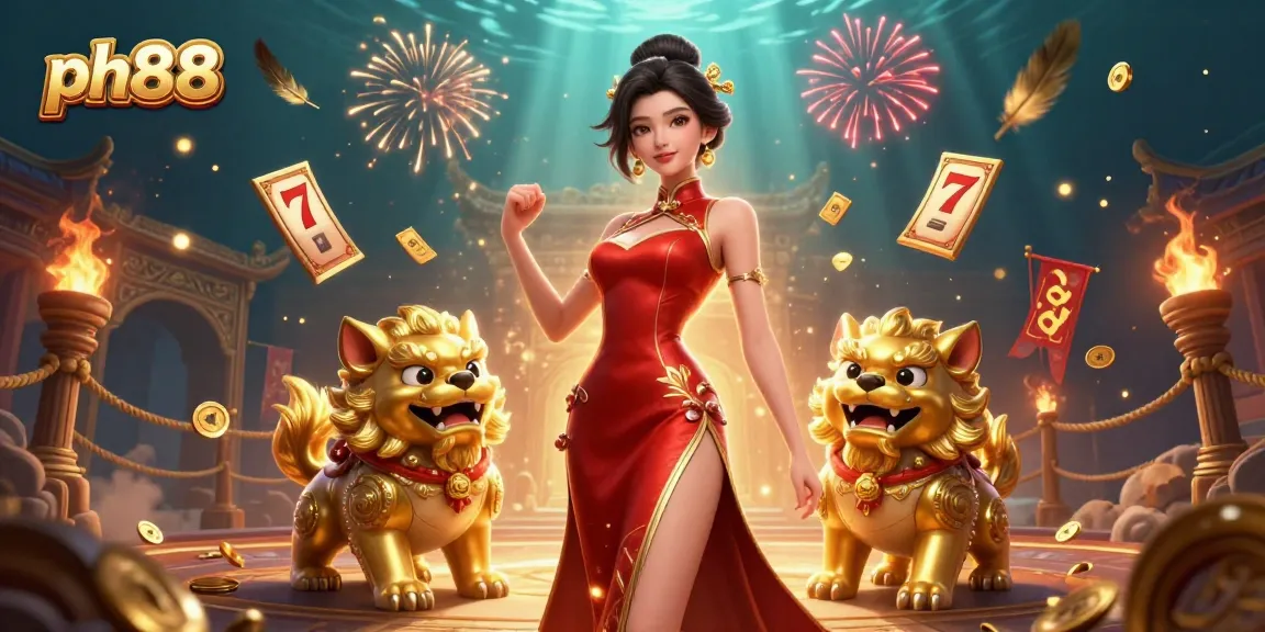 Experience the excitement of ph88 with vibrant scenes of slot games, gold coins, and a glamorous character.