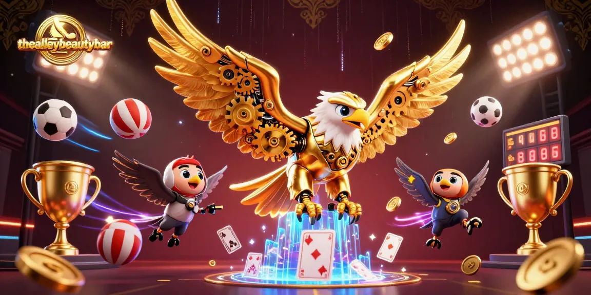 Dynamic action featuring thealleybeautybar brand with a 3D cybernetic eagle amid holographic playing cards and sports elements.