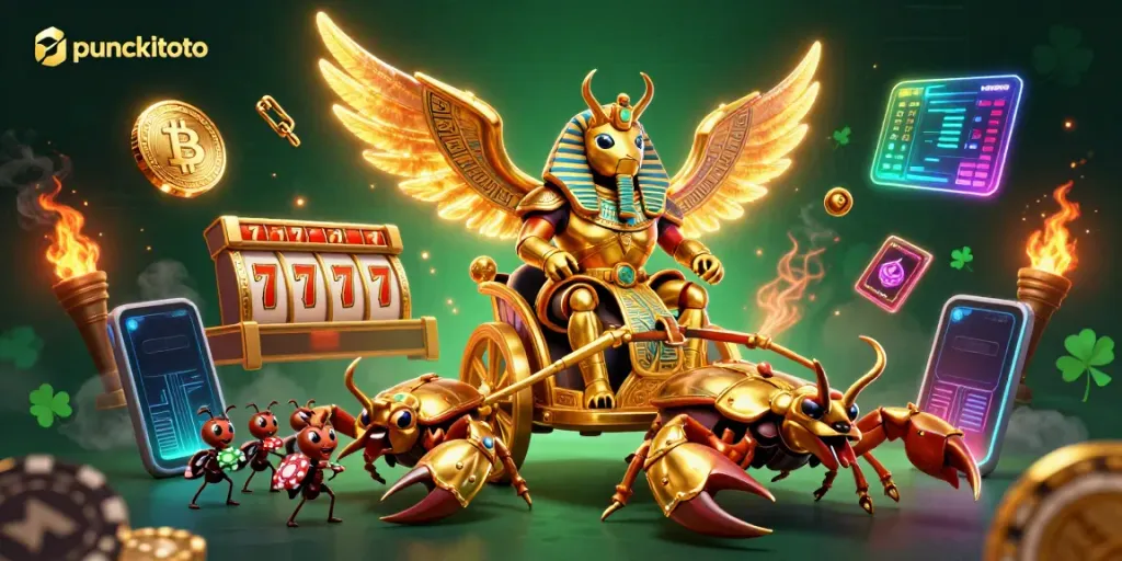 Puncaktoto menghadirkan ilustrasi kasino digital yang memukau dengan simbol slot dan piala kemenangan.