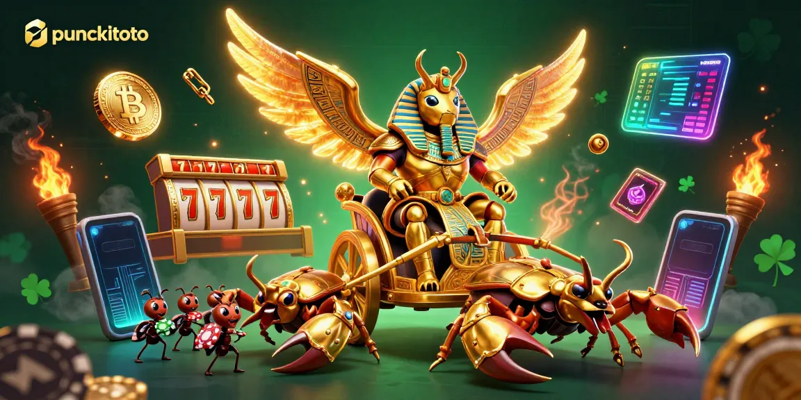 Puncaktoto menghadirkan ilustrasi kasino digital yang memukau dengan simbol slot dan piala kemenangan.