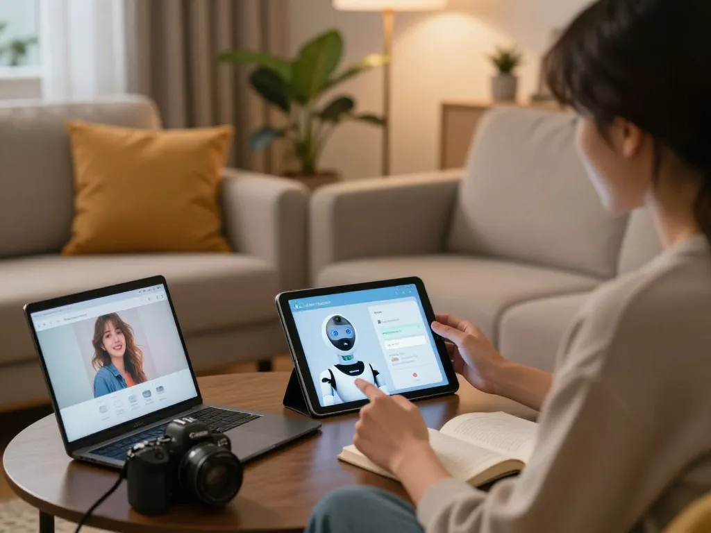 Engaging with an AI sex chatbot in a cozy living room, blending technology and intimacy.