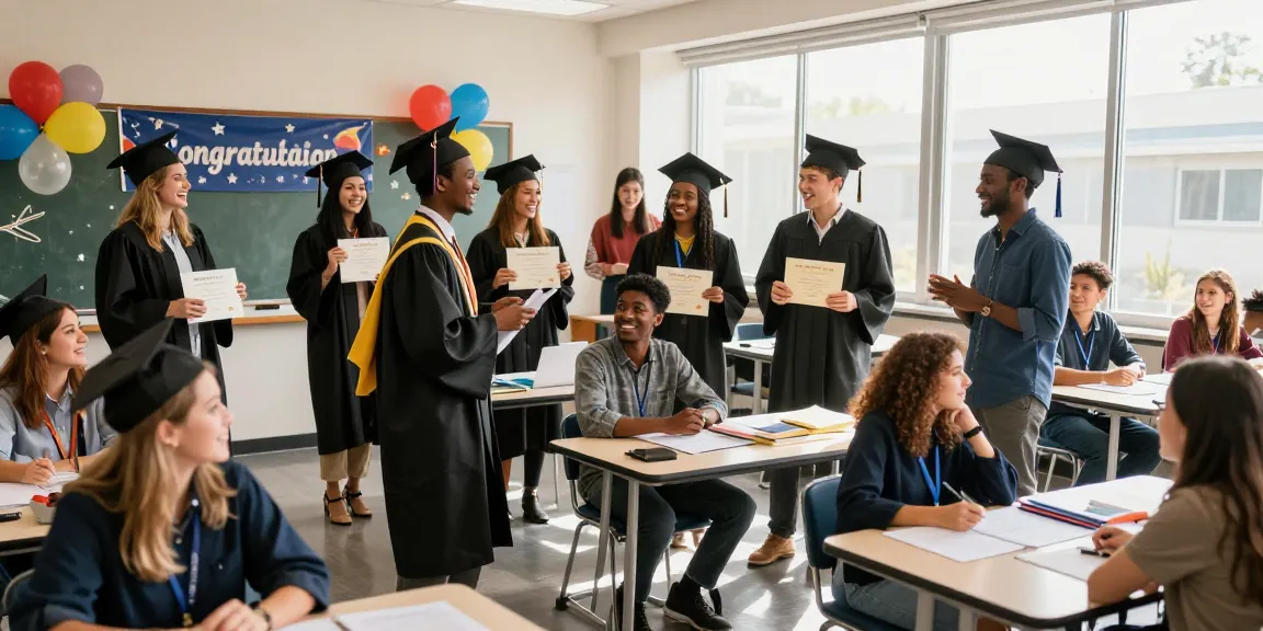 University and trade schools graduates celebrating academic success in a dynamic classroom