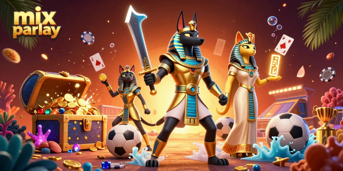 Bet on mix parlay with dynamic characters celebrating sports victories and casino excitement.