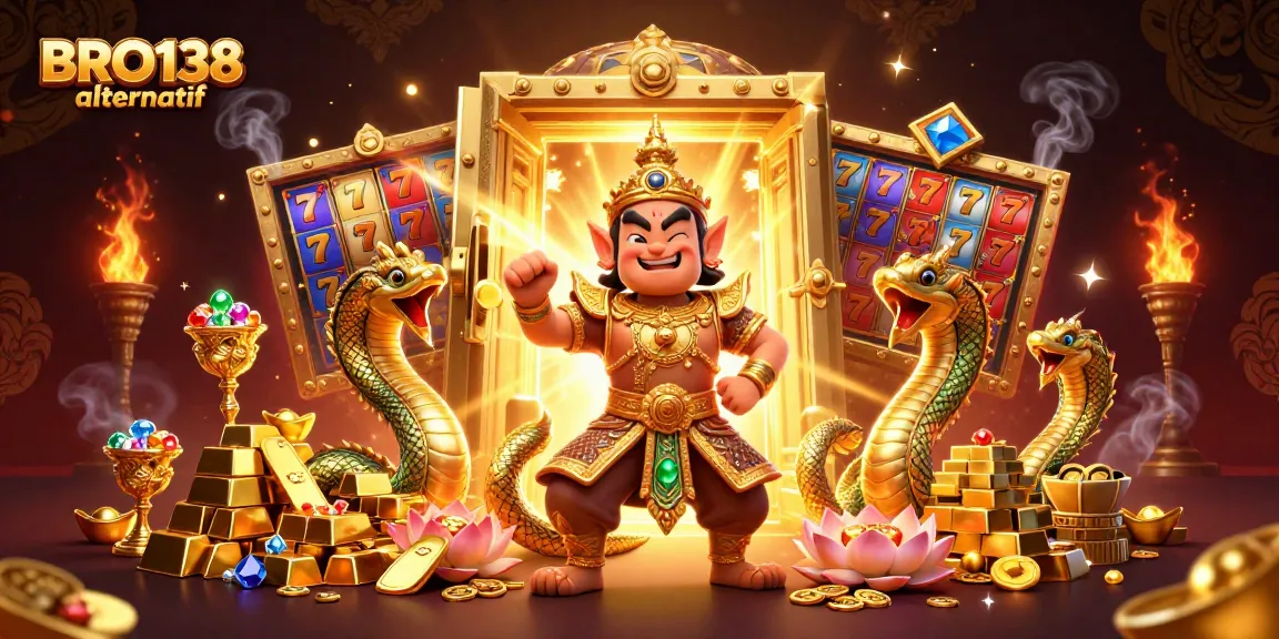 Engage with the thrilling world of BRO138 alternatif featuring a 3D guardian, Naga serpents, and vibrant slot elements.