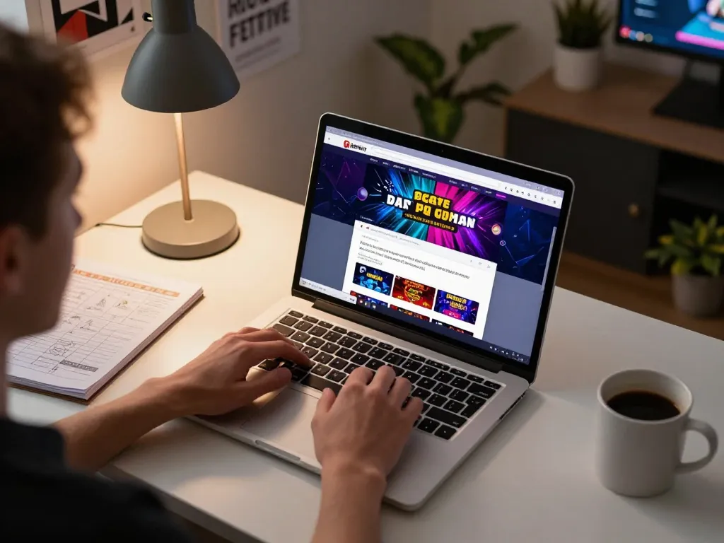 Person engaged in online gaming using sites not on gamstop, showcasing a laptop with vibrant casino graphics and a strategic betting approach.
