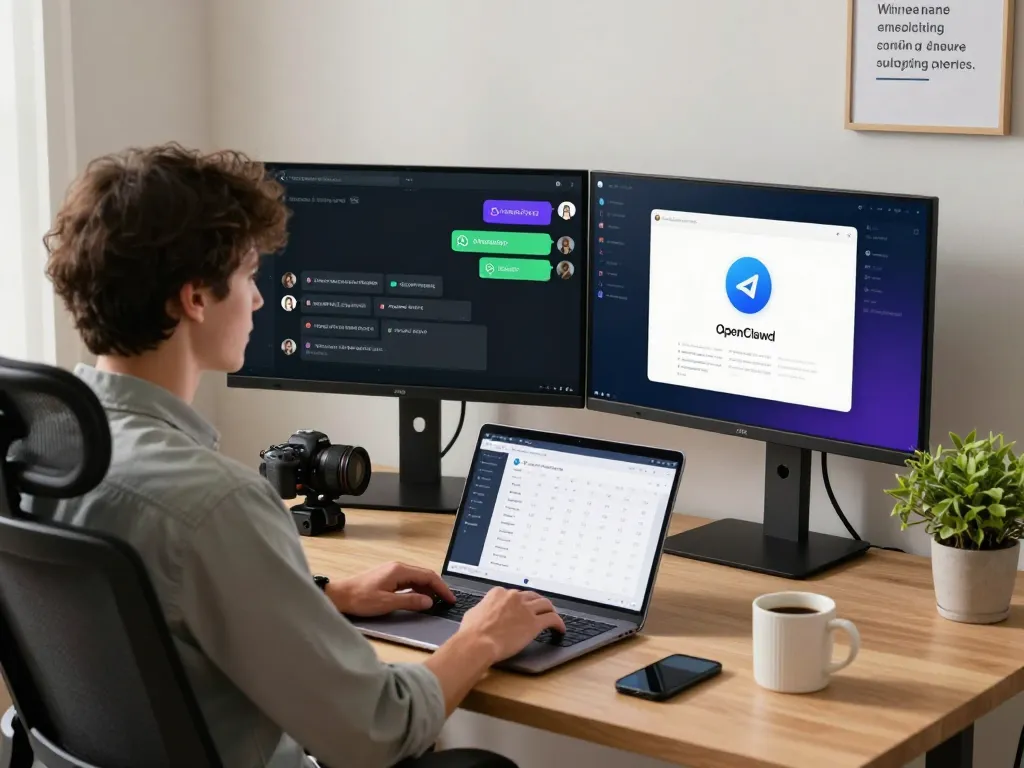 Person utilizing clawbot for email and calendar management in a modern home office setup.