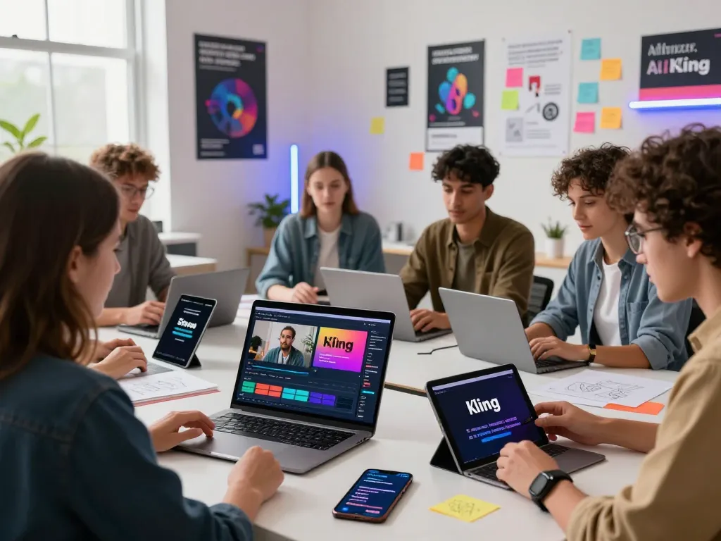 Creators collaborating in a digital studio, enhancing their video to prompt projects with AI tools.