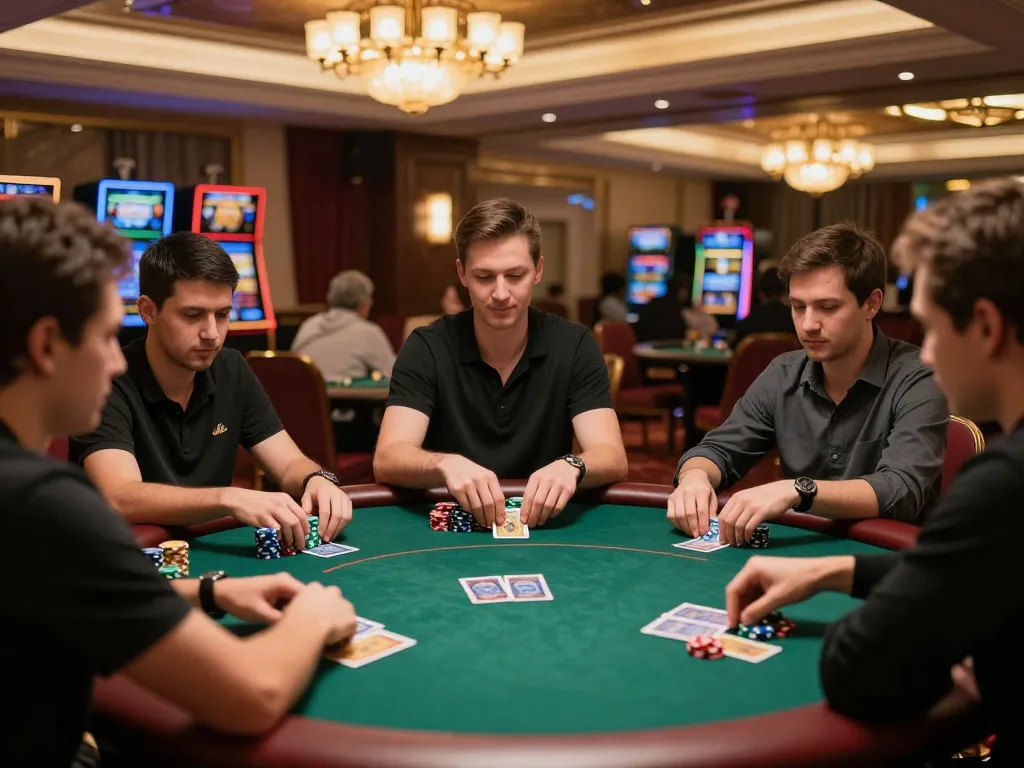 Engaging poker players immersing in Poker Uang Asli Dominobet at upscale casino table.