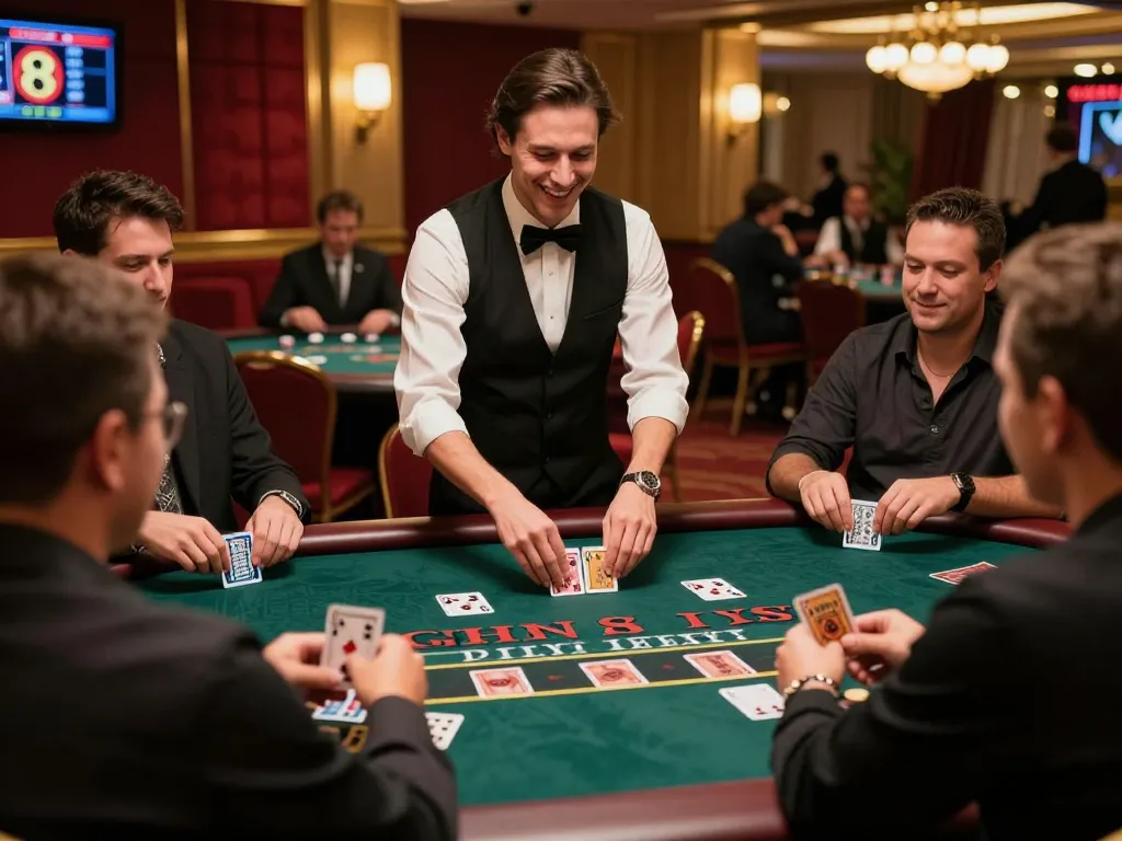 Players enjoying a strategic blackjack game at O8 casino with vibrant atmosphere and professional dealer.