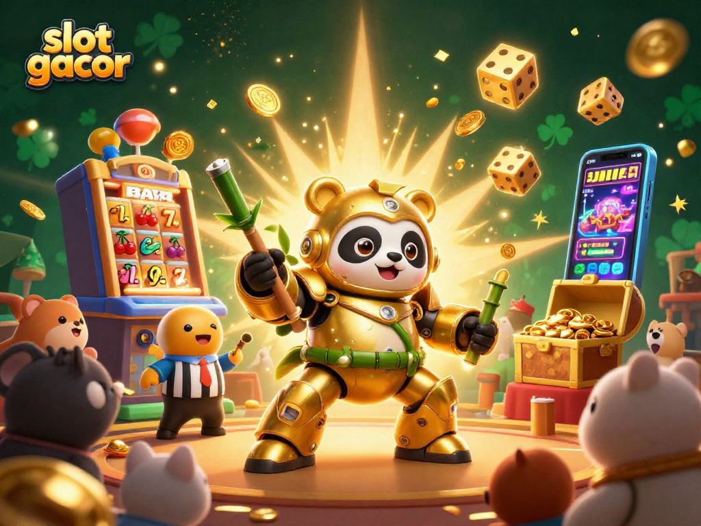 Engage in the thrill of slot gacor with the golden panda piloting a dynamic robot in a vibrant casino setting.