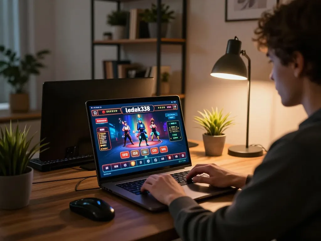 Engaged player enjoying ledak338 online casino games in a stylish home office setting.