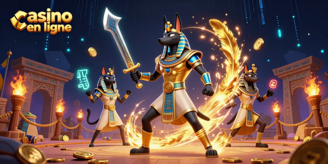 Gagnez à casino en ligne avec Anubis et Bastet dans une scène dynamique et colorée.