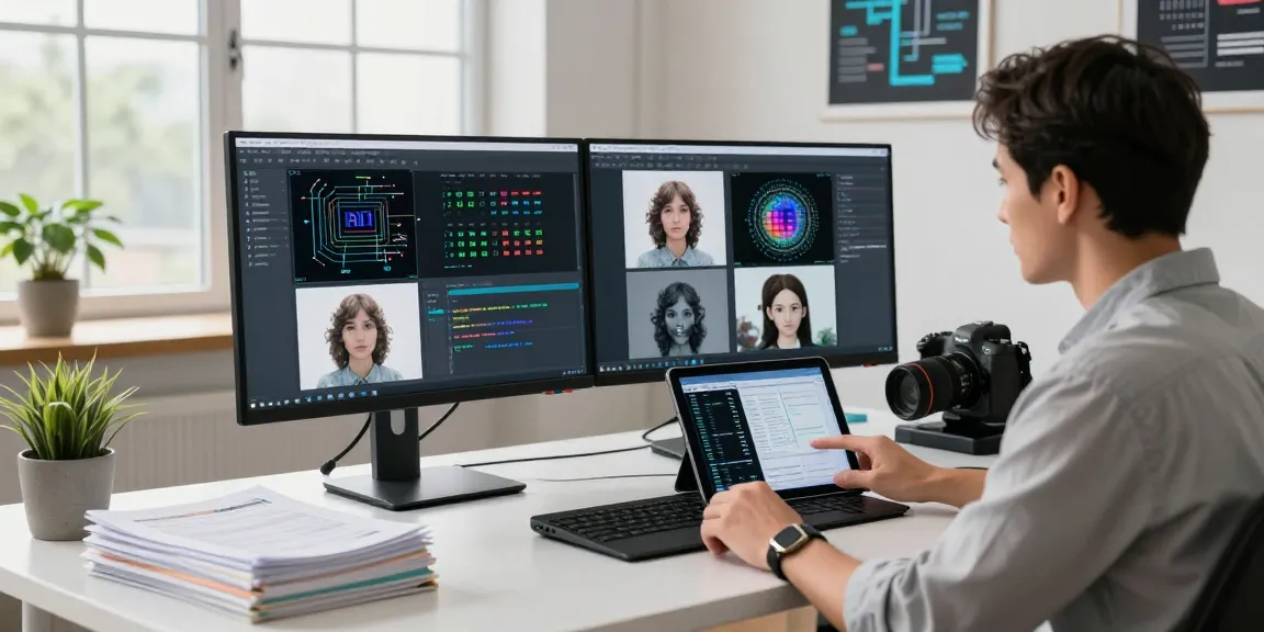 AI detector analysis in a modern tech workspace with dual monitors displaying image detection algorithms.