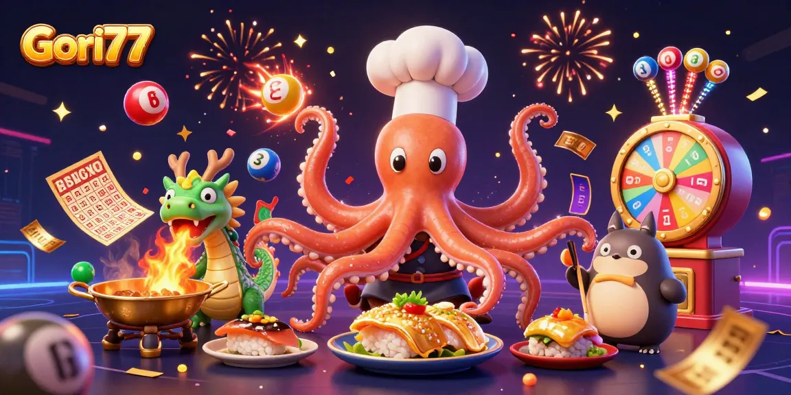 Gori77 menyajikan momen seru di kasino dengan chef sushi octopus, naga wasabi, dan pelanggan tanuki dalam suasana penuh warna.