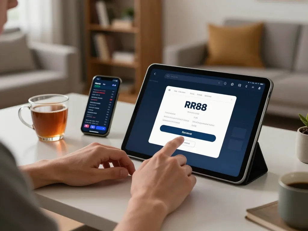 Engaging home gaming scene with RR88 app interface displayed on a tablet during online casino session