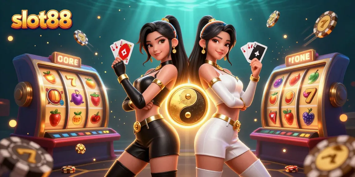 Play exciting slot88 games with a dynamic casino-themed illustration featuring stunning characters.