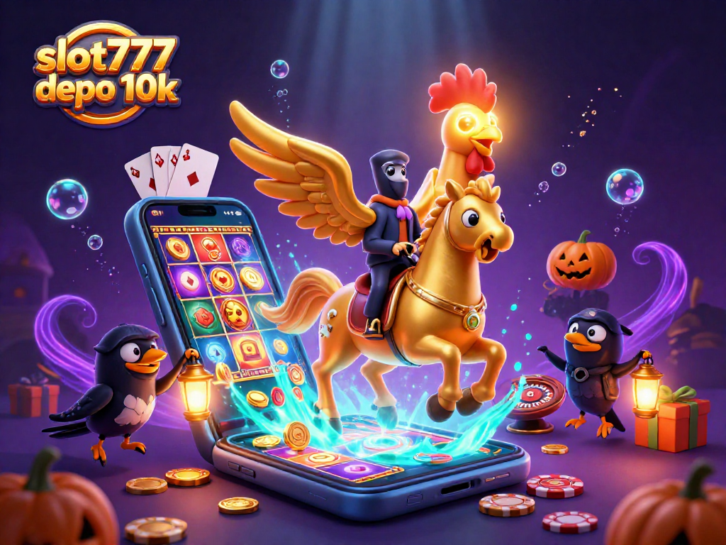 Experience thrilling gameplay with slot777 depo 10k as a golden rooster navigates a vibrant casino.