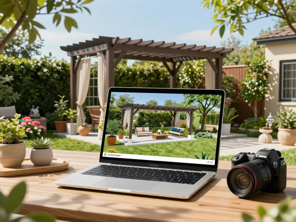 Designer using All-in-One pergola Configurator in a lush garden setting, showcasing 3D model with outdoor decor.
