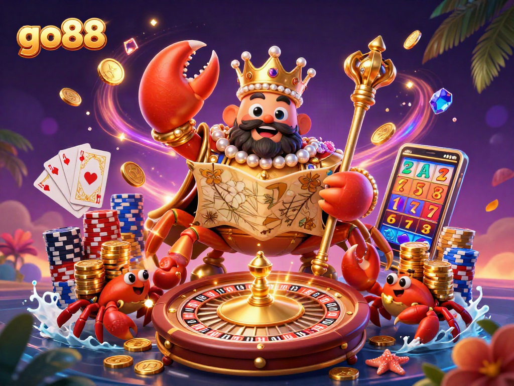 Experience go88's entertaining gameplay with a charming crab emperor and colorful casino elements.