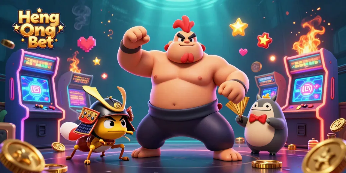 Experience thrilling action with Heng Ong Bet, featuring an epic sumo wrestler, samurai cricket, and tanuki announcer in a vibrant casino scene.