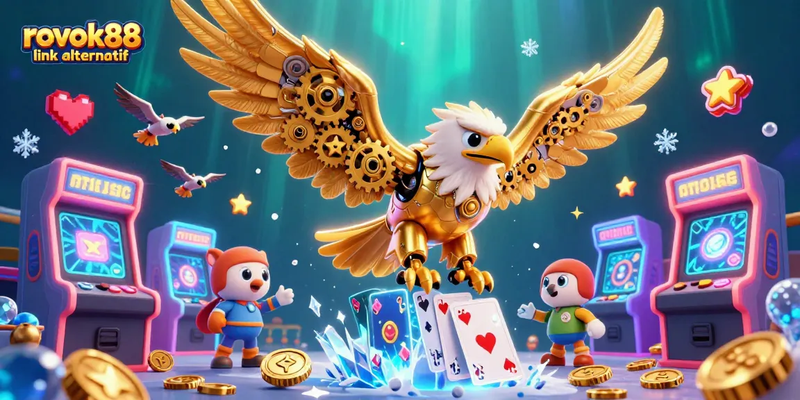 Engage with rokok88 link alternatif through this vibrant 3D illustration showcasing a cybernetic golden eagle in a dynamic casino setting.