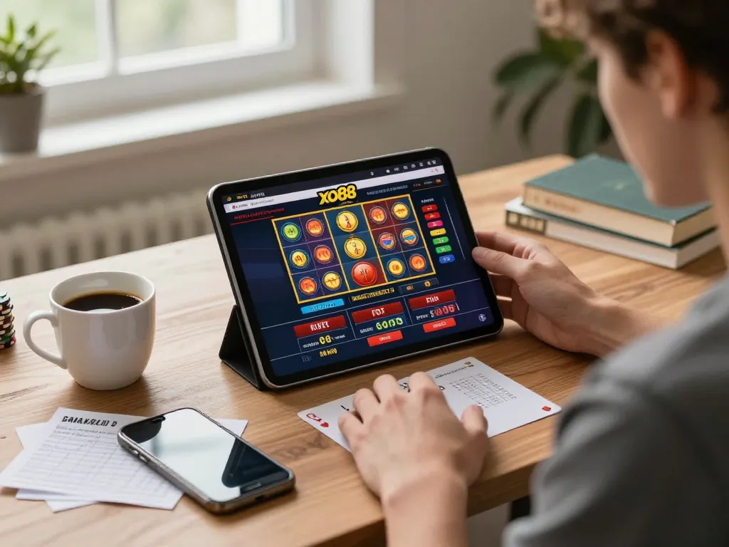 Engaging with xo88 on a tablet, a player enjoys online gaming while managing their bankroll responsibly.