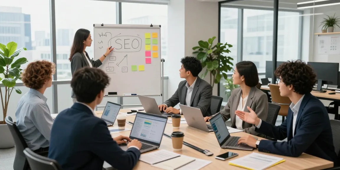 Expert team discussing Best SEO services in a modern office setting.