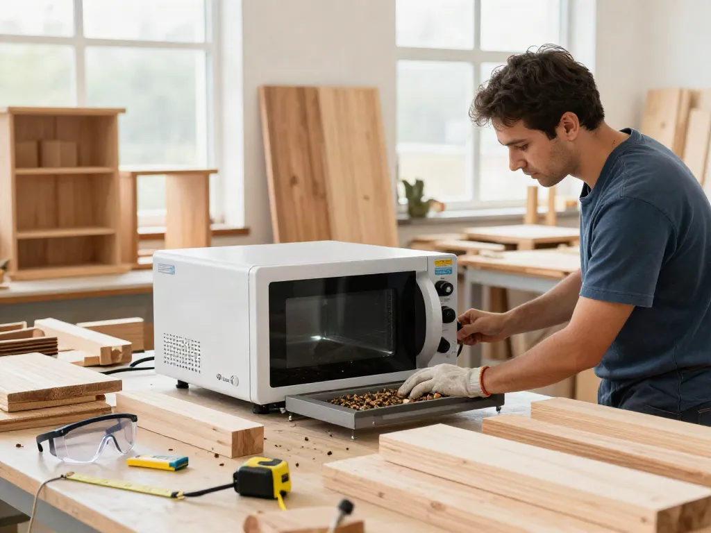 Operator using SHASHEL® microwave equipment for effective wood pest elimination in a bright workshop.